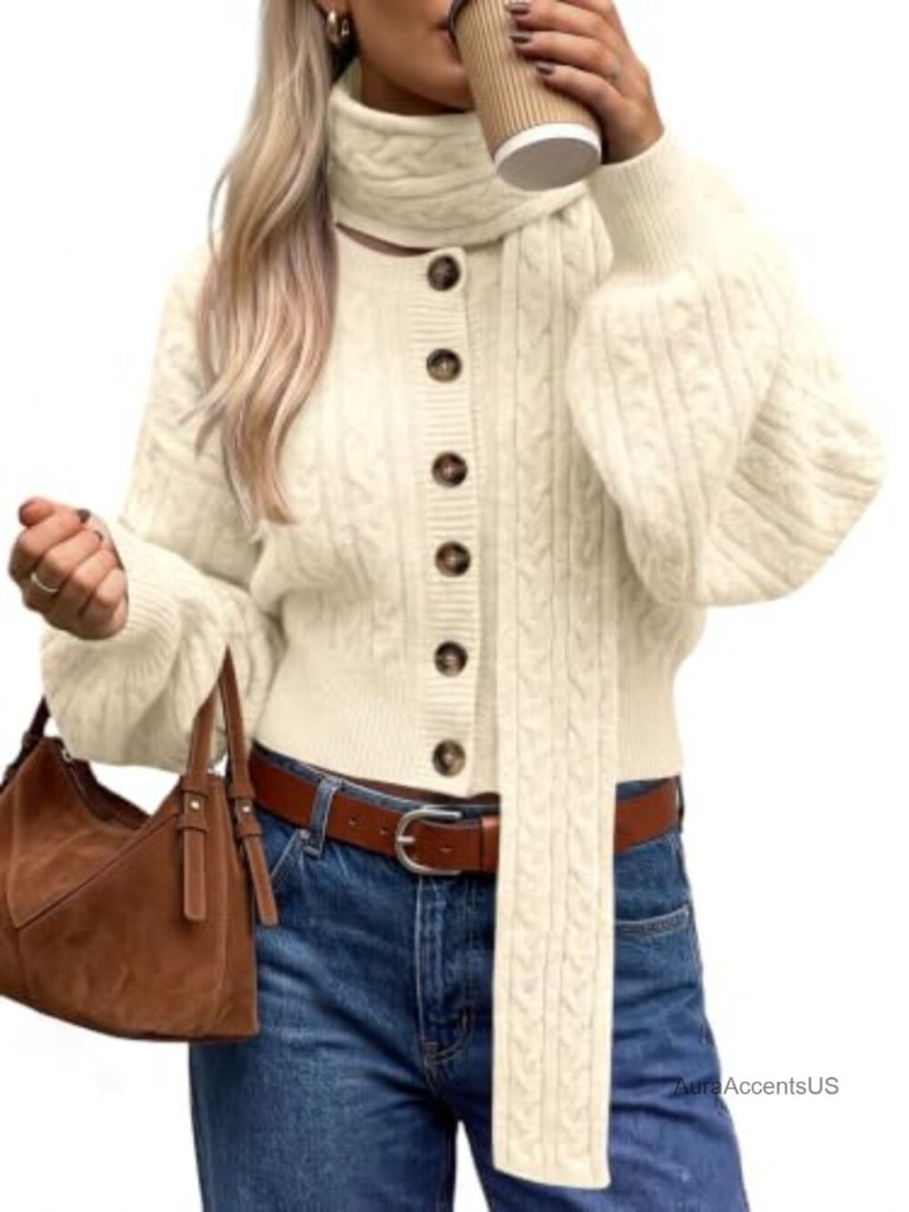 Women's Cable Knit Button Up Cropped Cardigan Sweater with Scarf
